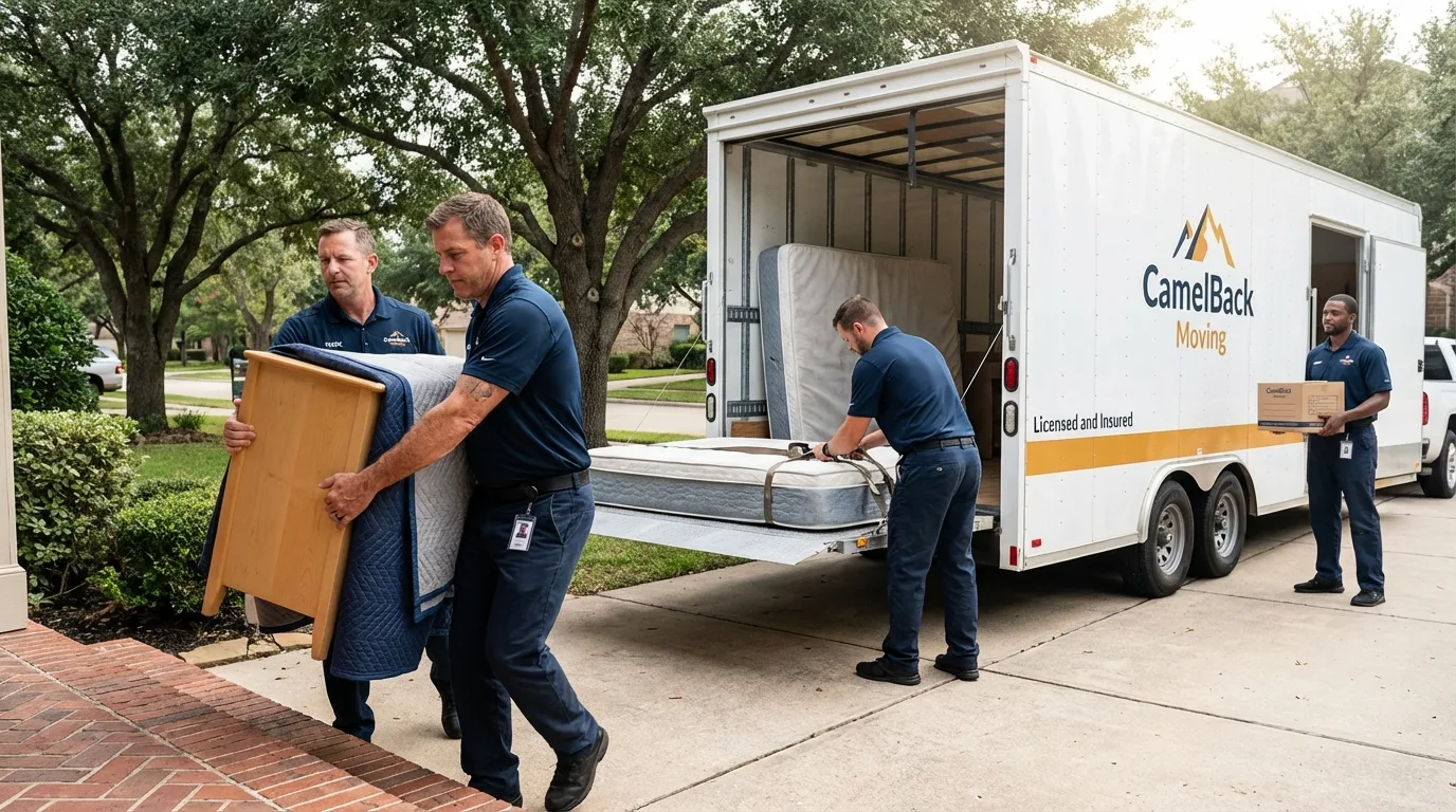Crew loading residential truck for cross-state move from Nevada, IA