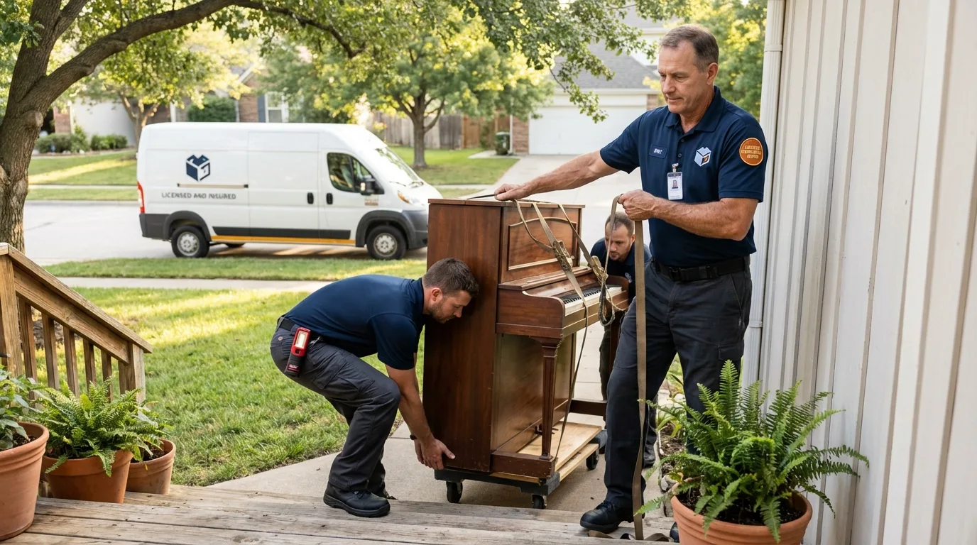 Licensed piano movers securing grand piano in Nevada, IA