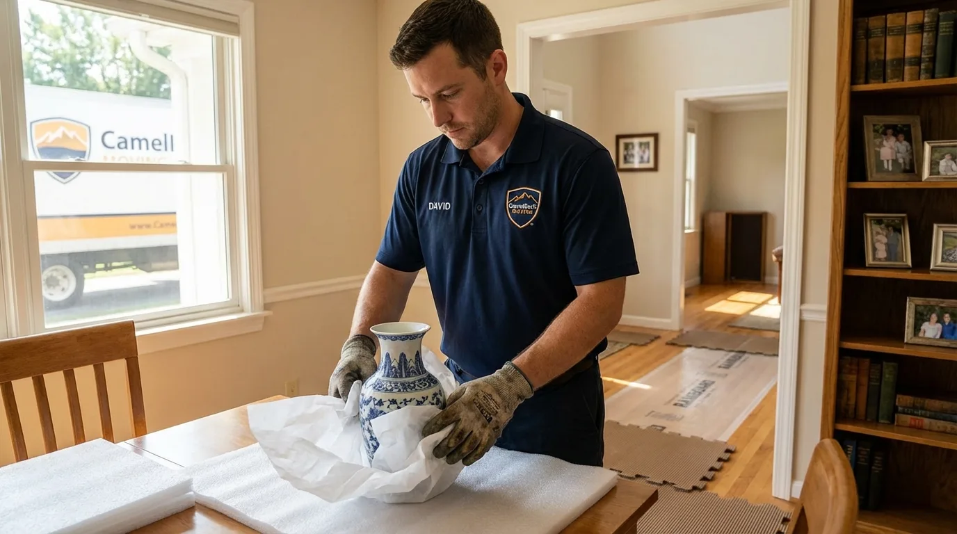 Professional crew carefully wrapping antique vase for senior downsizing move in Nevada, IA